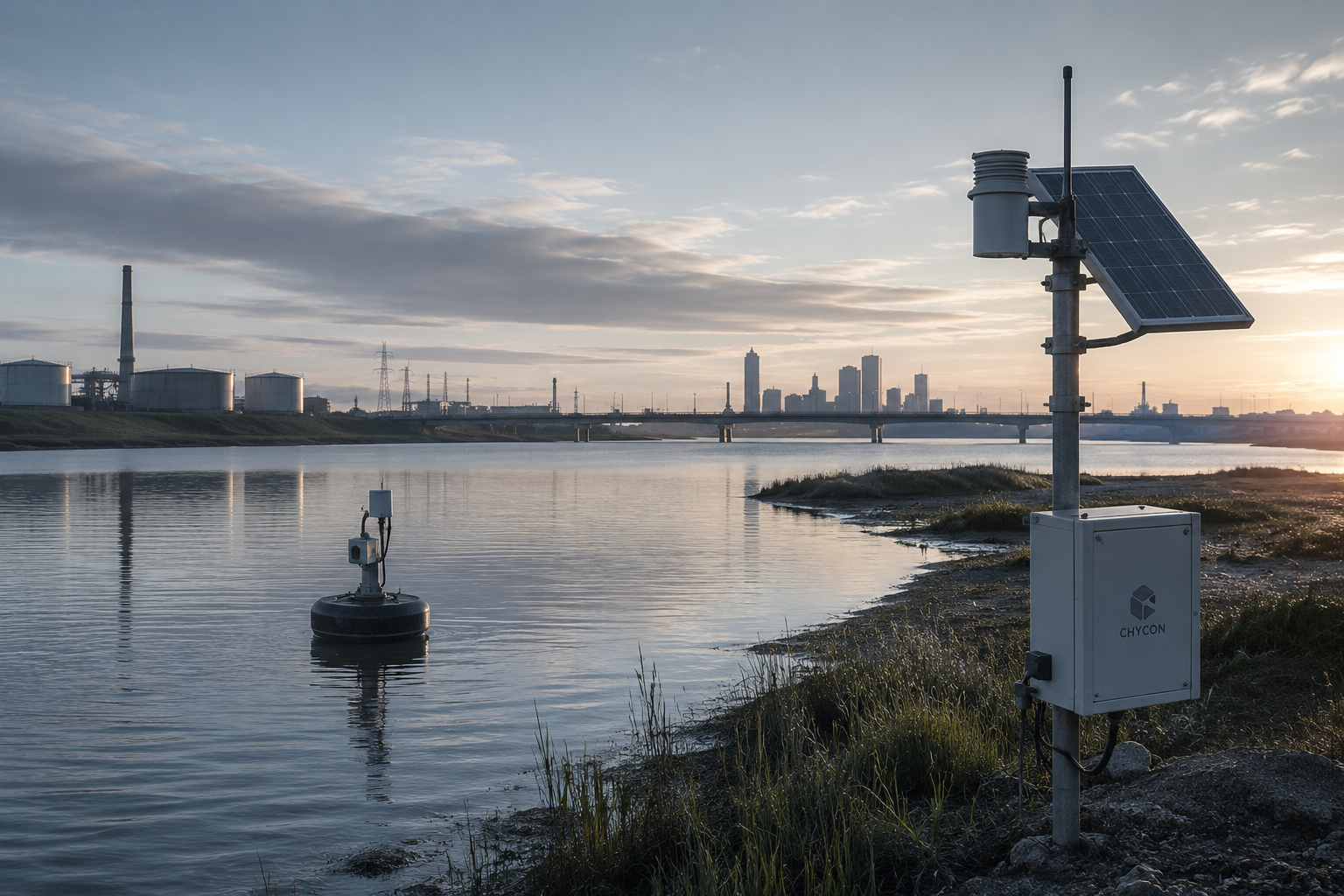 Estuary environmental monitoring station with industrial infrastructure in the distance