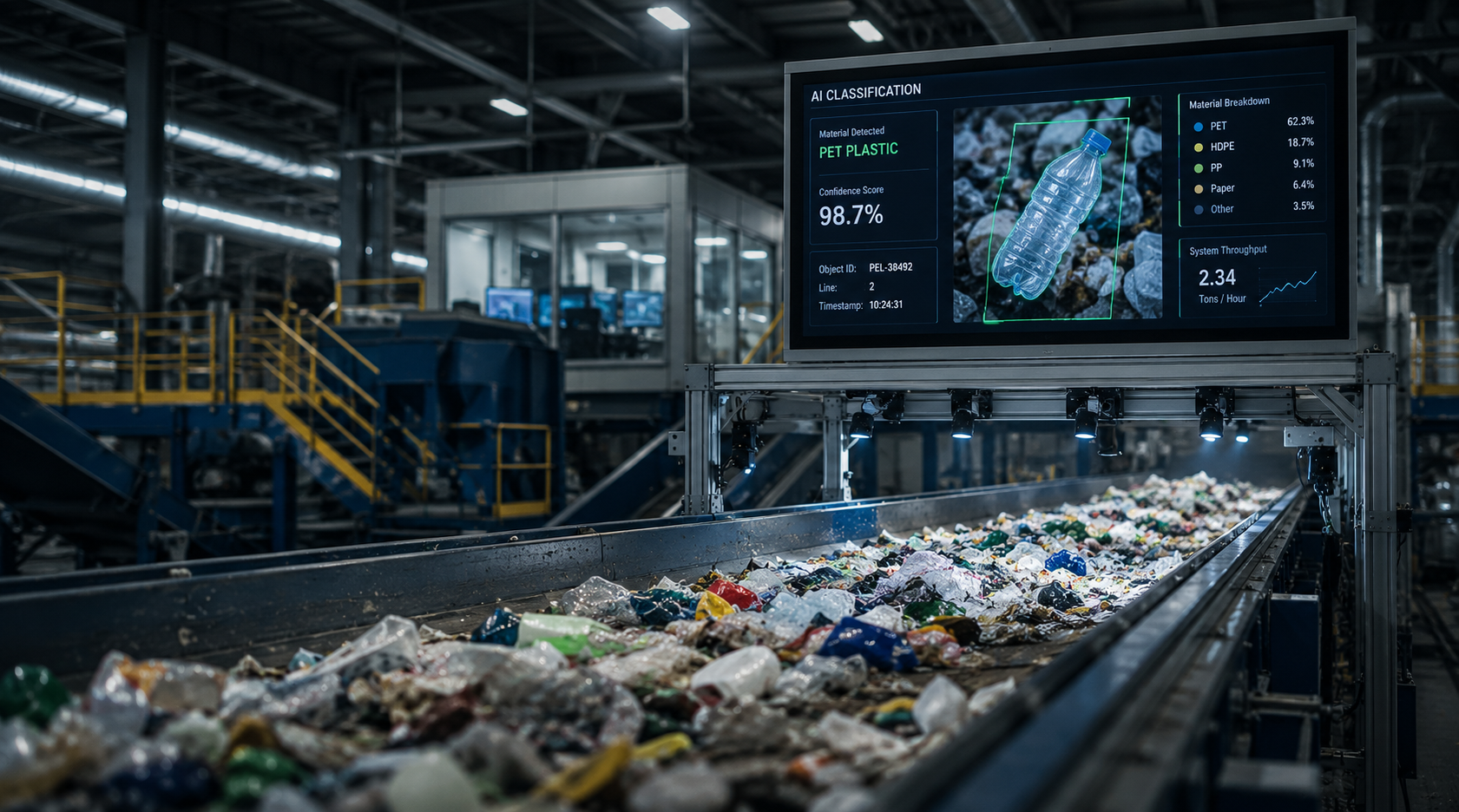 AI-assisted material classification in an industrial recycling facility