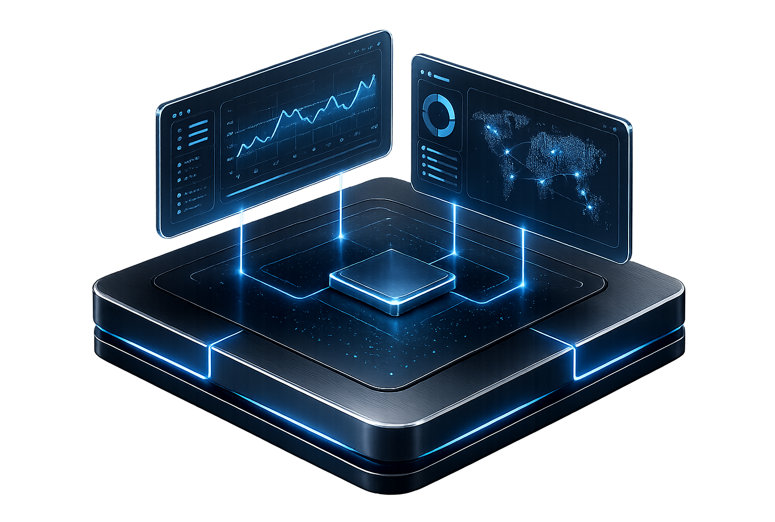 Two dashboard panels above a titanium platform representing platform orchestration